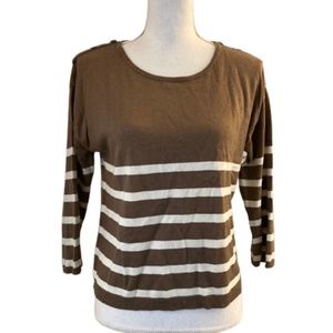 Brown knit top 3/4 sleeve brown striped sweater like top Womens